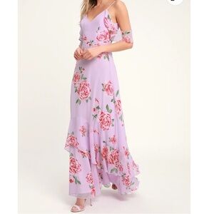Lulus Romantic Lavender Chiffon Floral Roses Tiered Maxi Dress – Size XS | Flowy